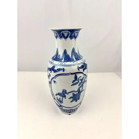 Blue & White Chinese Porcelain Vase with Floral & Bird Design‎ 11.75" - Picture 6 of 14